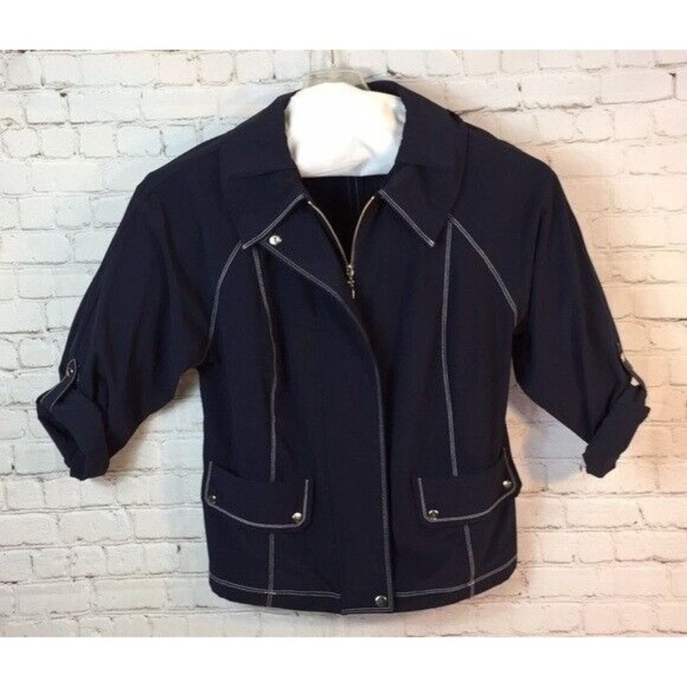 Laura Ashley Jacket Blue White Stitch Silver Zip & Buttons 1X